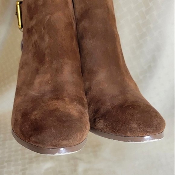 Michael Kors cognac suede leather boots heel with zipper and gold buckle size 10 - Picture 12 of 16